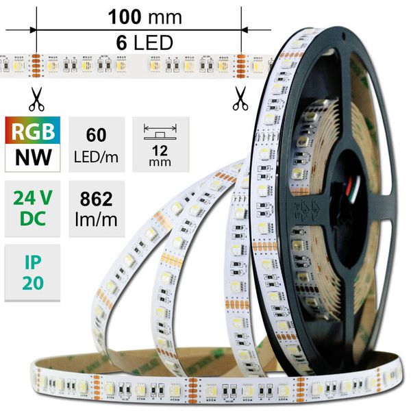 LED strip SMD5050 RGB + NW, 60LED/m, 19,2W/m, 862lm/m, IP20, DC24V, 12mm, 5m image 1