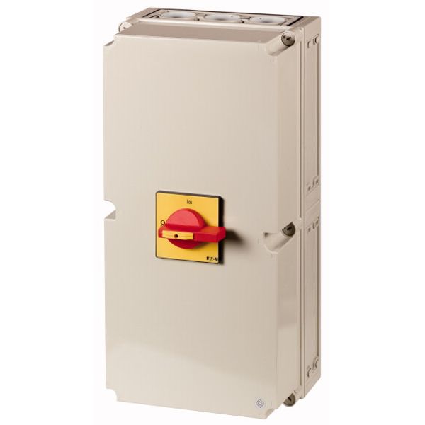 T8-3-8342/I48/SVB/HI11 Main switch, T8, 315 A, surface mounting, 3 contact unit(s), 6 pole, 1 N/O, 1 N/C, Emergency switching off function, With red rotary handle and yellow image 1