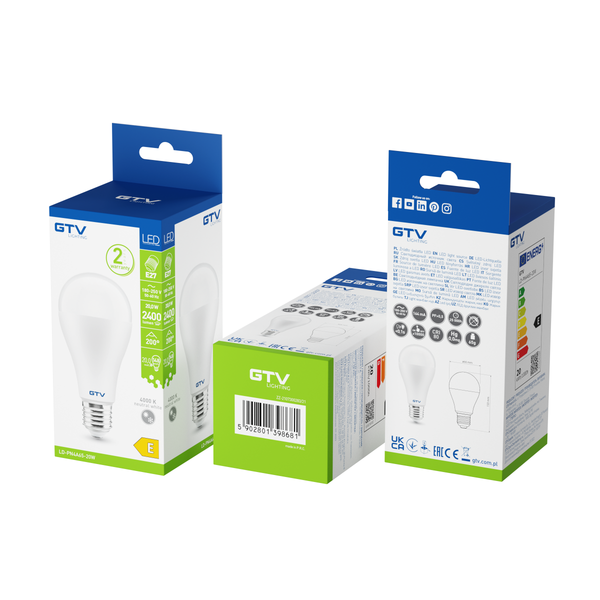 LED bulb , A65, 4000K, E27, 20W, 2400lm, AC180-250V/ 50-60Hz, RA>80, 200°, 164mA image 2