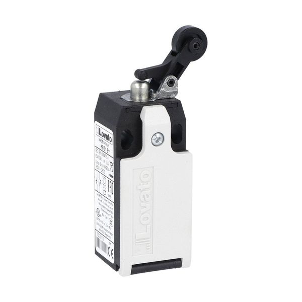 Limit switch, K series, roller side push lever, 1 bottom cable entry. Dimensions to EN 50047, plastic body, contacts 1NO+2NC slow action. Plastic roller image 1