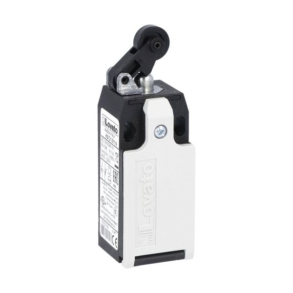 Limit switch, K series, roller centre push lever, 1 bottom cable entry. Dimensions to EN 50047, plastic body, contacts 1NO+1NC snap action. Plastic roller image 1