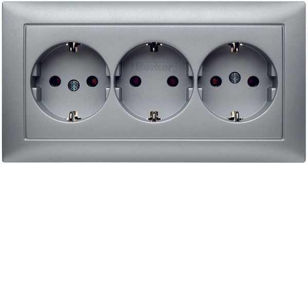 3gang SCHUKO soc. out. cover plate, S.1, al., matt, lacq. image 1