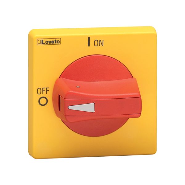 Door-coupling handle, padlockable. Red/yellow, rotating, for GA...A, GA063SA, and GA...D. Ring fixing. Protruding selector with release, defeatable per UL508A; 5mm/0.2”. IEC IP65/UL type 4X image 1