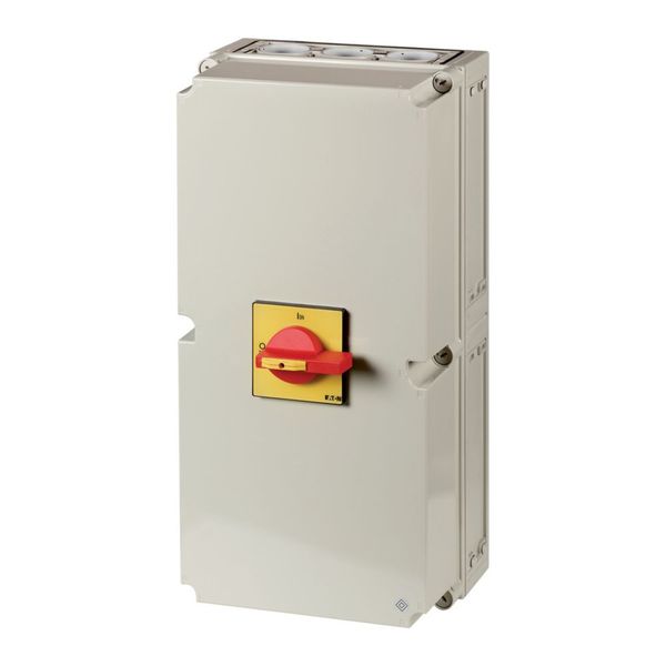 T8-3-8342/I48/SVB/HI11 Main switch, T8, 315 A, surface mounting, 3 contact unit(s), 6 pole, 1 N/O, 1 N/C, Emergency switching off function, With red rotary handle and yellow image 3