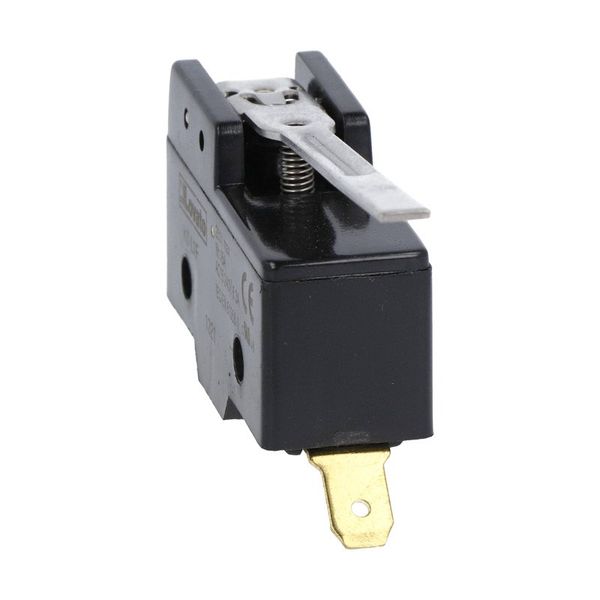 Plastic micro switch, K series, metal lever. 63mm/2.48in long flat lever. Contacts 1NO/NC. Faston terminals image 1