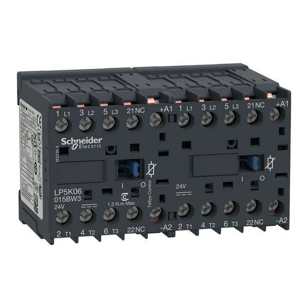 Reversing contactor, TeSys K, 3P, AC-3, lt or eq to 440V 12 A, 1 NC, 24VDC coil image 1