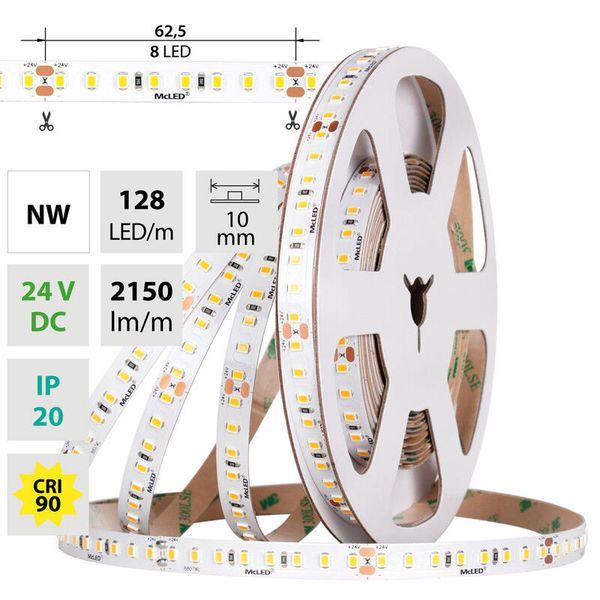 LED strip SMD2835 NW, 128LED/m, 11,5W/m, DC 24V, 2150lm/m, CRI90, IP20, 10mm, 5m image 1