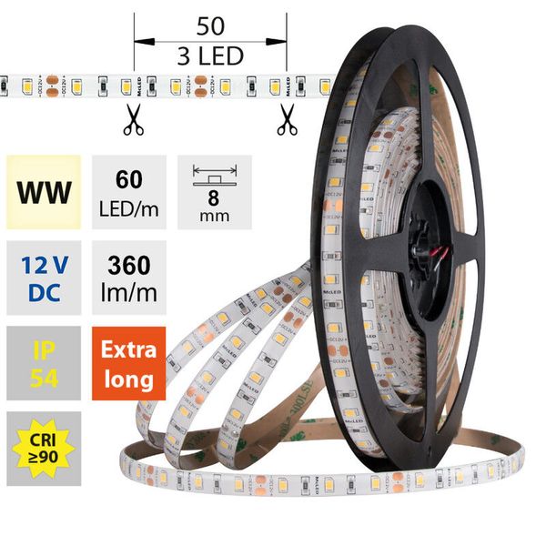 LED strip SMD2835 WW, 60LED/m, 4,8W/m, DC 12V, 360lm/m, CRI90, IP54, 8mm, 5m image 1