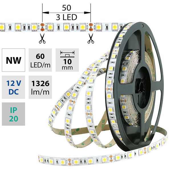 LED strip SMD5050 NW, 60LED/m, 14,4W/m, 1296lm/m, IP20, DC 12V, 10mm, 50m image 1