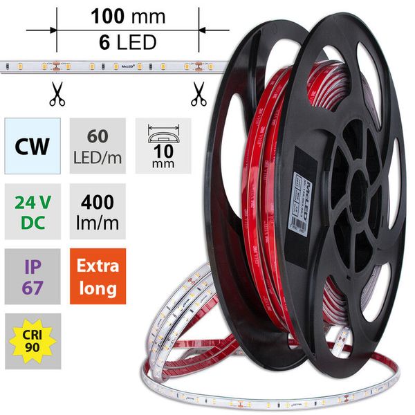 LED strip SMD2835 CW, 60LED/m, 4,8W/m, DC 24V, 400lm/m, CRI90, IP67, 10mm, 50m image 1