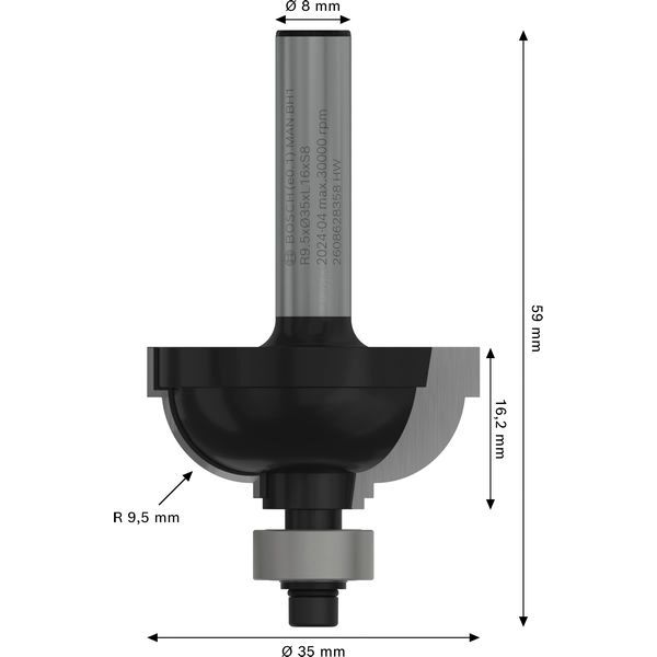 Edge forming bit E, 8 mm, R1 9.5 mm, D 35 mm, L 16.2 mm, G 59 mm image 2