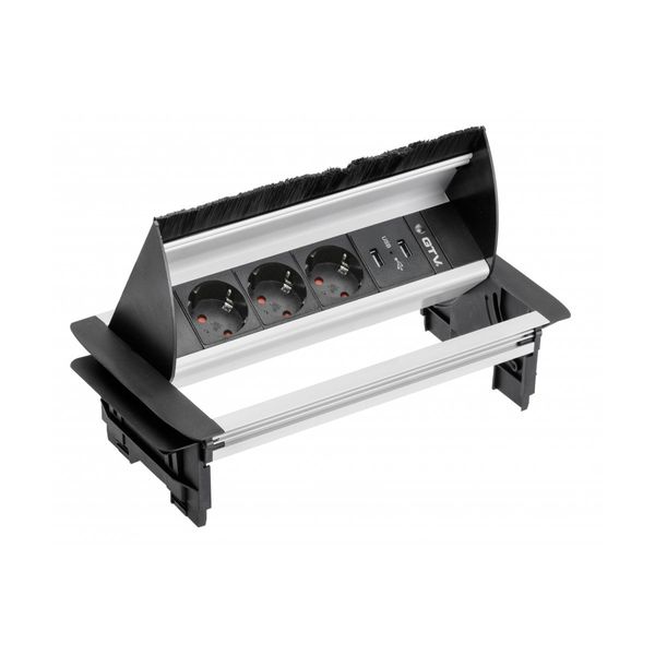 Furniture socket with brush, 3xSHUKO, 2xUSB-A 2.1A, cable 1.5 m, aluminum image 1