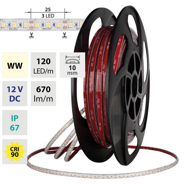 LED strip SMD2835 WW, 120LED/m, 7,2W/m, DC 12V, 670lm/m, CRI90, IP67, 10mm, 5m image 1