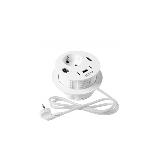 Furniture socket RONDO, 1xSHUKO, 1xUSB-A, 2xUSB-C, HDMI, RJ45 cable 1.5 m, white image 1