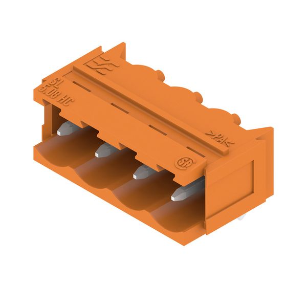 PCB plug-in connector, male header, Dovetails for fixing blocks, THT solder connection, 5.08 mm, Number of poles: 4, 90°, Solder pin length (l): 3.2 mm, tinned, orange, Box image 1
