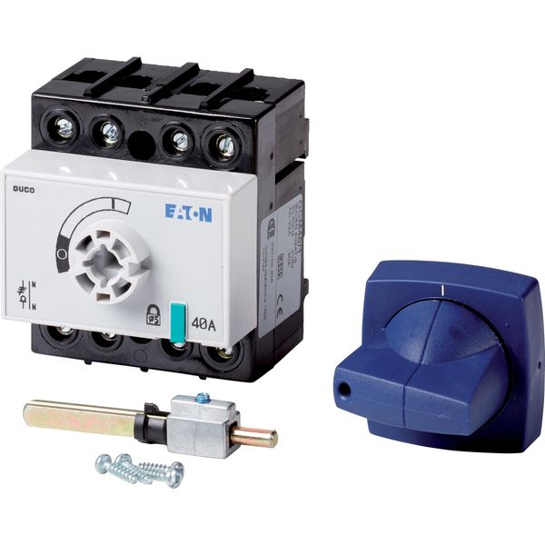 Switch-disconnector, DCM, 40 A, 3P + N (solid), With blue rotary handle and drive shaft, Vertical connection image 4