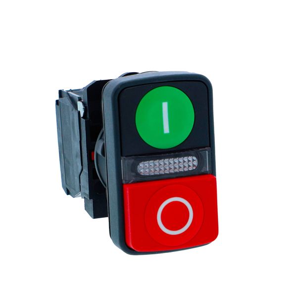 ill double-head push button, Harmony XB5N XB7N, plastic, 22mm, 1 green flush + 1 red projecting, marked, 230V AC, 1NO 1NC image 1