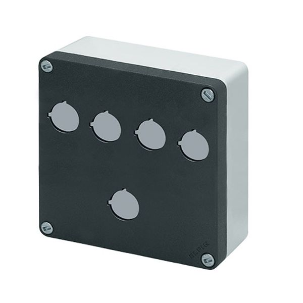 Aluminium push-button enclosure M10 140x140x65, 5 holes Ø 22, without cable entry image 1