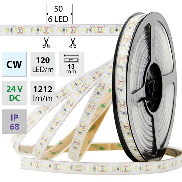 LED strip SMD2835 CW, 120LED/m, 14W/m, 1212lm/m, IP68, DC 24V, 13mm, 5m image 1