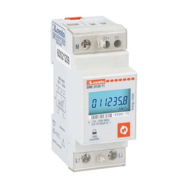 Energy meter, single-phase, non expandable, digital with backlight LCD display, 63A direct connection, 2U, 1 programmable static output, multi-measurements, 110...120VAC image 1