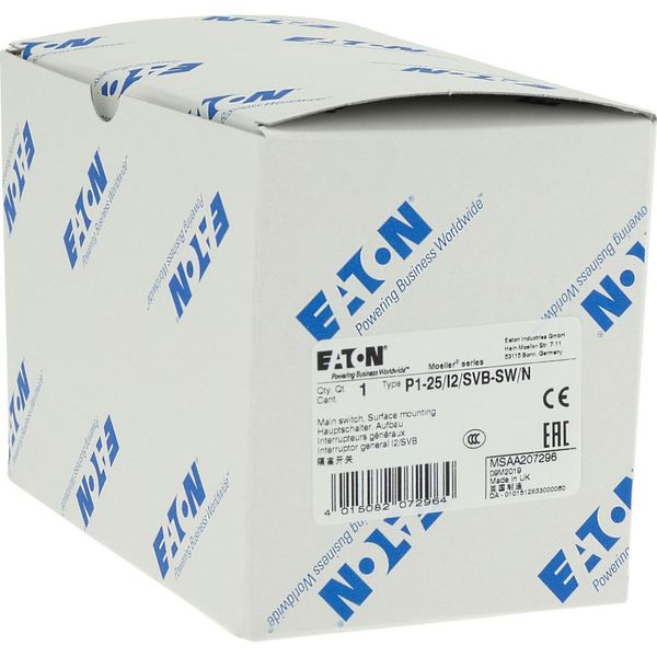 P1-25/I2/SVB-SW/N Main switch, P1, 25 A, surface mounting, 3 pole + N, STOP function, With black rotary handle and locking ring, Lockable in the 0 (Off) position image 35