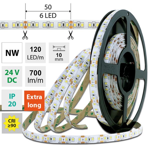 LED strip SMD2835 NW, 120LED/m, 7W/m, 700lm/m, IP20, DC 24V, 10mm, 10m image 1