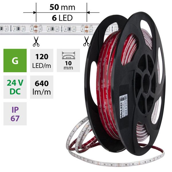 LED strip SMD2835 green, 120LED/m, 9.6W/m, DC 24V, 640lm/m, IP67, 10mm, 50m image 1