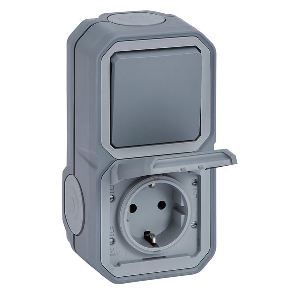 PLEXO 2 GANG GERMAN SOCKET + 2 WAY SWITCH VDE - GREY - SURFACE image 1