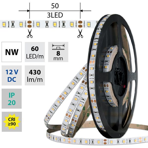 LED strip SMD2835 NW, 60LED/m, 4,8W/m, DC 12V, 430lm/m, CRI90, IP20, 8mm, 5m image 1