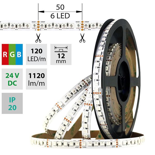 LED strip SMD5050 RGB, 120LED/m, 28,8W/m, 1120lm/m, IP20, DC 24V, 12mm, 5m image 1
