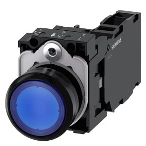 Pushbutton, illuminated, 22 mm, round, plastic, blue, 1 NO + 1 NC, 230 V AC image 1