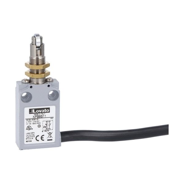 Prewired with 2m long cable metal limit switch, K series, top roller push plunger. M12 head. Contacts 1NO+1NC slow action. Roller operation perpendicular to switch body image 1