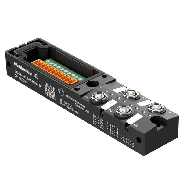 Sensor-actuator passive distributor, M8, LED: Yes, Number of poles: 4, Number of contact sockets: 4 image 1