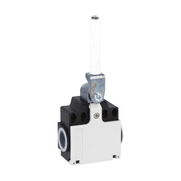 Limit switch, K series, ceramic rod lever, 2 side cable entry. Dimensions compatible to EN 50047, plastic body, contacts 1NO+1NC snap action. Ceramic rod image 1