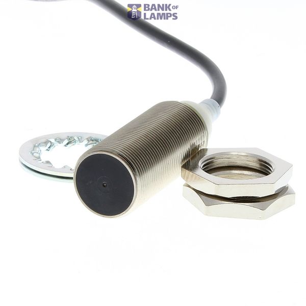 Proximity sensor, inductive, brass-nickel, short body, M18, shielded, 5 mm, DC, 3-wire, PNP-NO, 6 m prewired, including washer E2A 7303R image 1