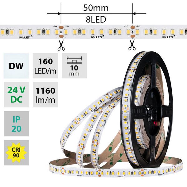 LED strip SMD2835 DW, 160LED/m, 9W/m, DC 24V, 1160lm/m, CRI90, IP20, 10mm, 5m image 1