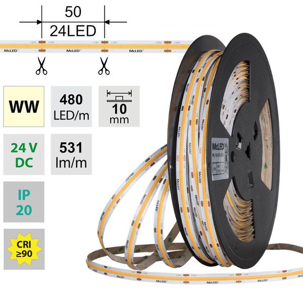 LED strip COB WW, 480LED/m, 5W/m, DC 24V, 531lm/m, CRI90, IP20, 10mm, 50m image 1