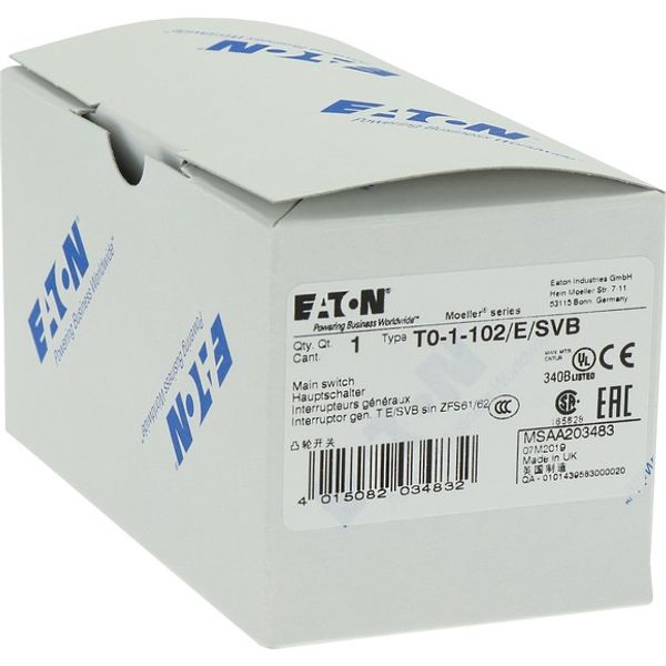 T0-1-102/E/SVB Main switch, T0, 20 A, flush mounting, 1 contact unit(s), 2 pole, Emergency switching off function, With red rotary handle and yellow locking ring image 5