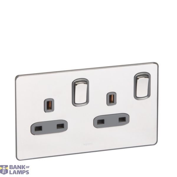 Synergy Sleek 2 gang switched single pole BS socket outlet 13A Polished Stainless steel image 1