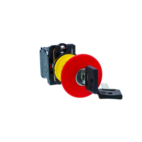 Key emergency switching off push button, Harmony XB5N XB7N, plastic, red, 40mm, key release, 1 NC image 1