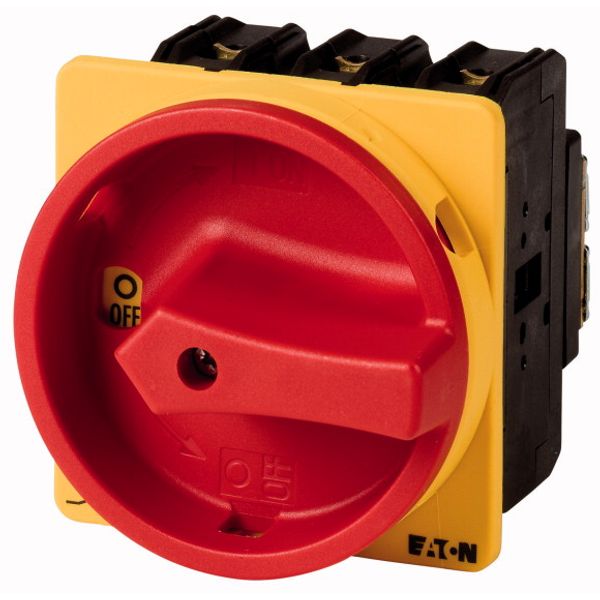 P3-100/EA/SVB/N/HI11 Main switch, P3, 100 A, flush mounting, 3 pole + N, 1 N/O, 1 N/C, Emergency switching off function, With red rotary handle and yellow locking ring, Lo image 1