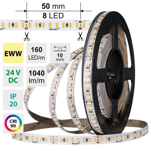 LED strip SMD2835 EWW, 160LED/m, 9W/m, DC 24V, 1040lm/m, CRI90, IP20, 10mm, 5m image 1