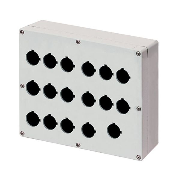 Aluminium push-button enclosure M4 230x205x80, 17 holes Ø 22, with cable entry image 1