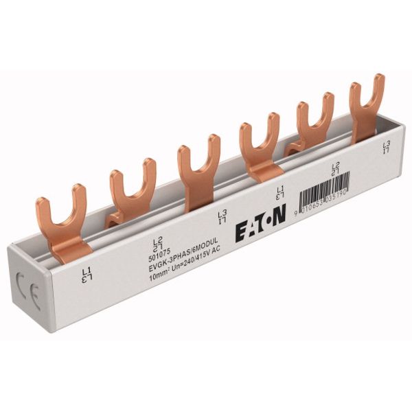 EVGK busbar fork, 3-phase, L1 - L2 - L3, shortenable version with end caps included, 6 module units, 10 mm² image 2