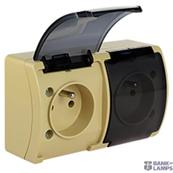 VG-2 Koala Double Socket with earthing contact (2x2P+Z) surface mounted IP44 beige with smoky (transparent) flap  VG 162-54 image 1