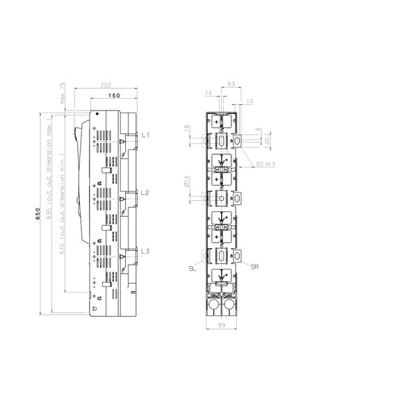 Input-HRC-in-line-fuse ARROW LINE size3, 3-pole,185mm, right (The price is shown without markup on metals. Request a quote for accurate information) image 3
