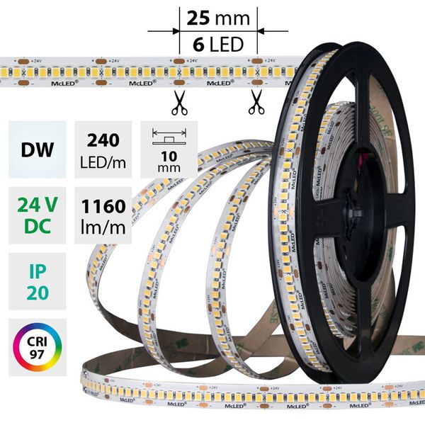 LED strip SMD2835 DW 240LED/m 14.4W/m DC 24V 1160lm/m CRI97 IP20 10mm 50m image 1
