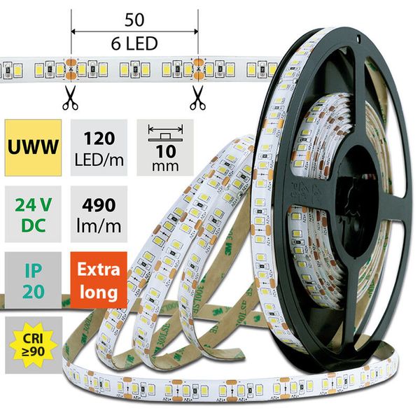 LED strip SMD2835 UWW, 120LED/m, 7W/m, 490lm/m, IP20, DC 24V, 10mm, 5m image 1