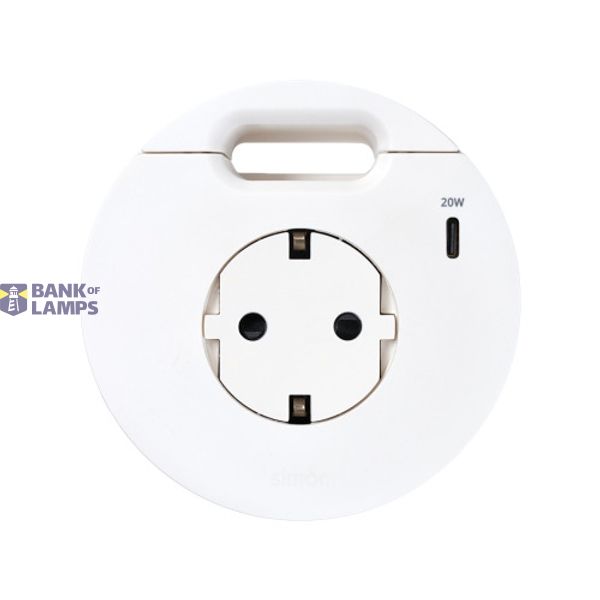 Furniture power socket (schuko grounding) with USB-C 20W charger and grommet (cable outlet), Simon 400 Flash 90, IP20, 16A, white, Mount. dimen.: Ø80mm image 1