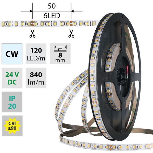 LED strip SMD2835 CW, 120LED/m, 9,6W/m, DC 24V, 840lm/m, CRI90, IP20, 8mm, 5m image 1